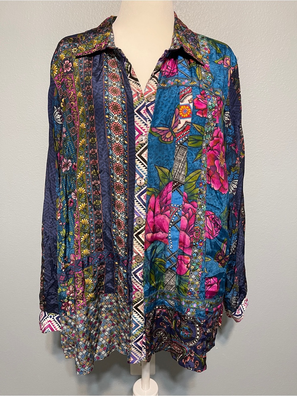 John Mark Artsy Boho Tunic Blouse Paisley Patchwork Art Eclectic XL Roll Tab